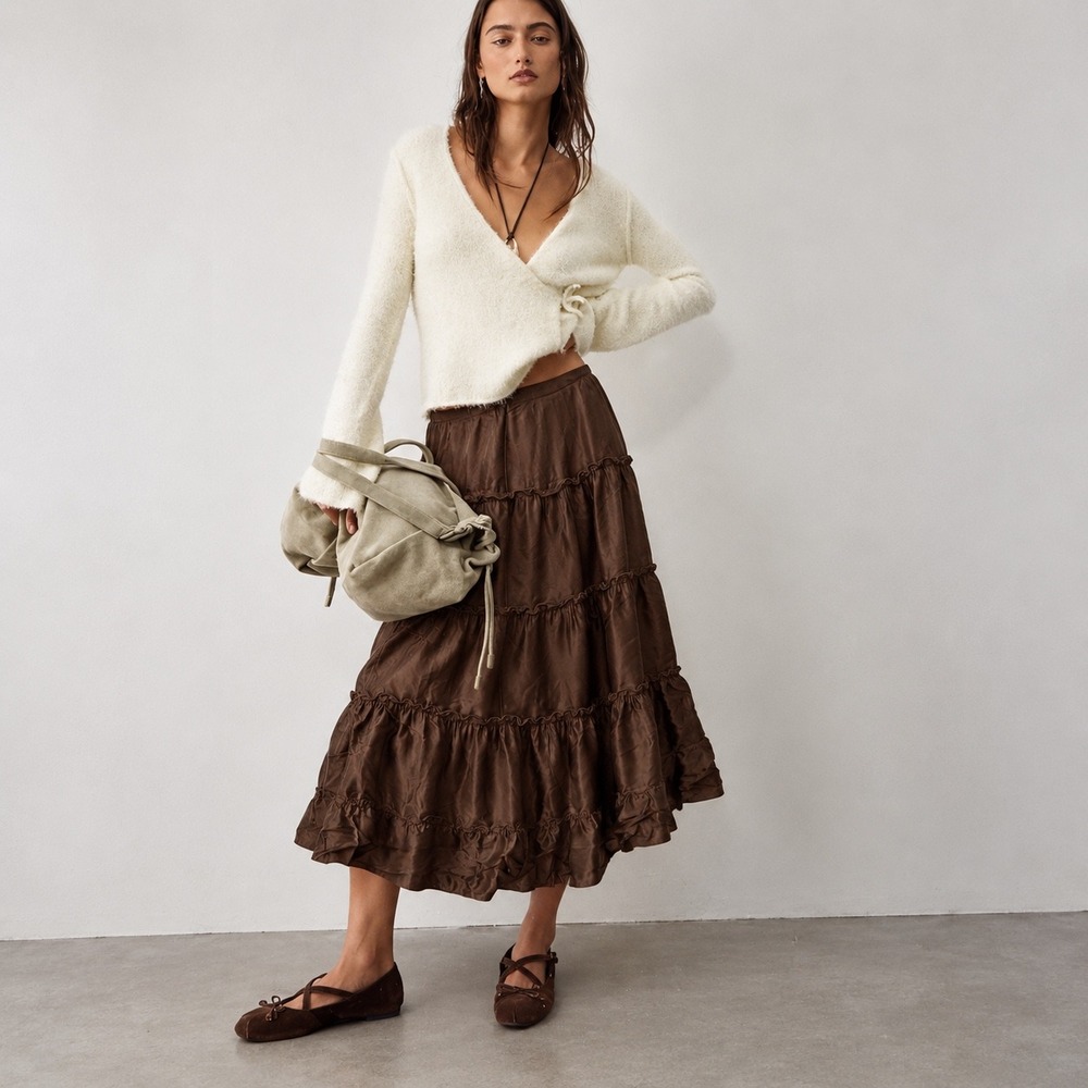 Jenny Han Silk Chocolate Brown Tiered Ruffle Skirt Womens Size M Brown Boho Chic